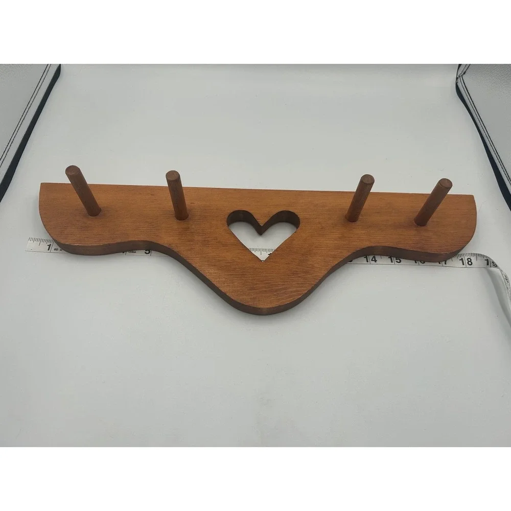 Vintage Wooden Heart Cutout Wall Rack 4 Peg Coat Hat Hanger Brown Cottagecore